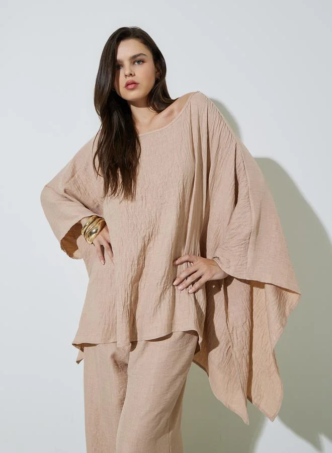 Take Two Beige Crinkled Long Top And Pants Co-Ord Set