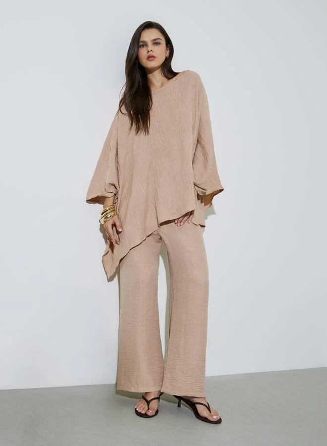 Take Two Beige Crinkled Long Top And Pants Co-Ord Set