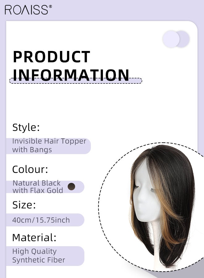 roaiss Women's Invisible Hair Topper with Bangs, Elegant Middle-parted Bangs, Thin  Breathable Inner Net Hairpiece, Suitable for Women with Sparse Hair Loss, Covering Grey Hair Increasing Hair Volume, Natural Blackwith Flax Gold - Image 3