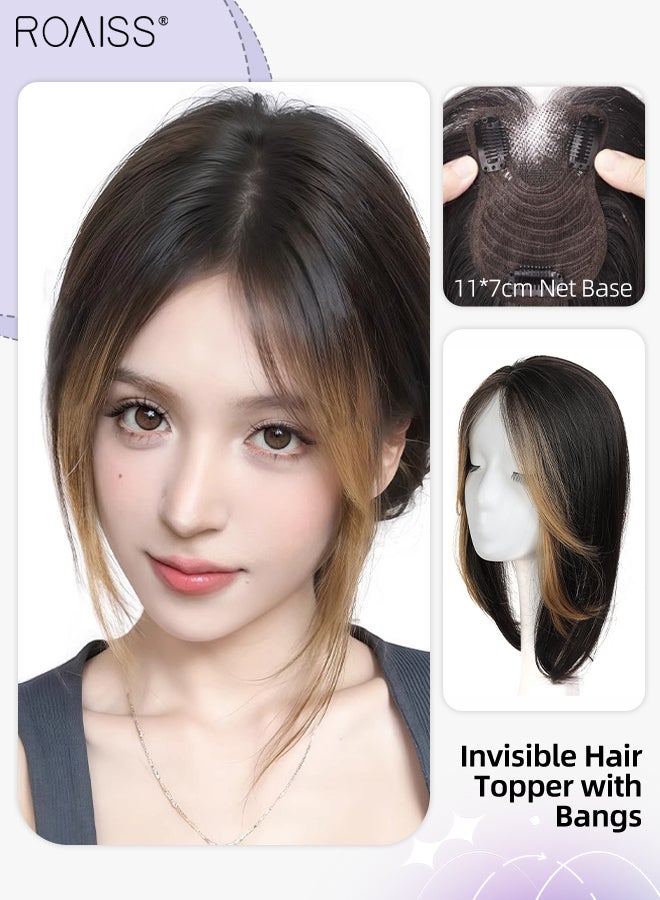 roaiss Women's Invisible Hair Topper with Bangs, Elegant Middle-parted Bangs, Thin  Breathable Inner Net Hairpiece, Suitable for Women with Sparse Hair Loss, Covering Grey Hair Increasing Hair Volume, Natural Blackwith Flax Gold - Image 1