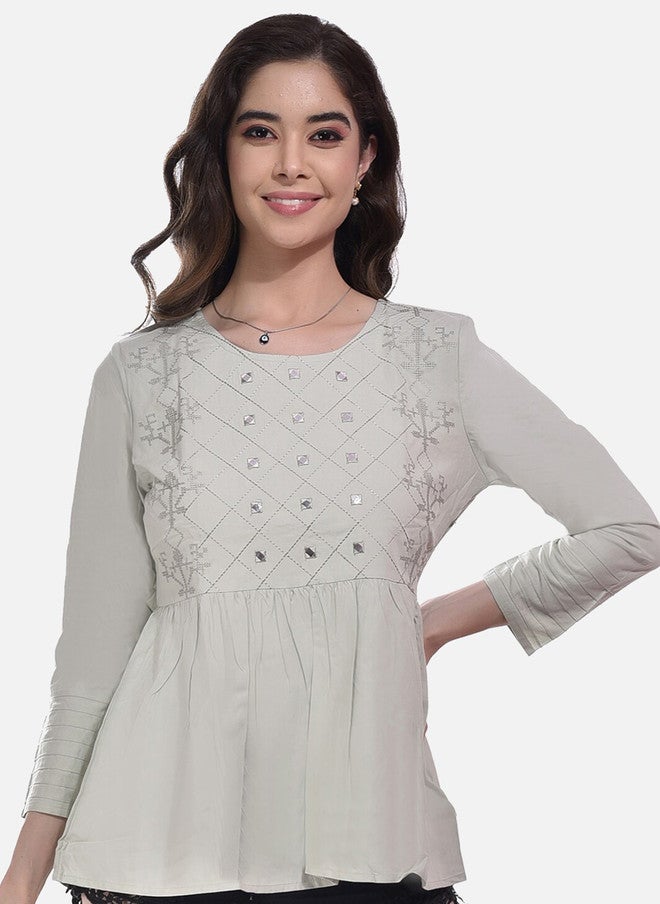 FIMS Pack of 2 Geometric Embroidered Gathered Detailed Cotton Peplum Tops - Image 2