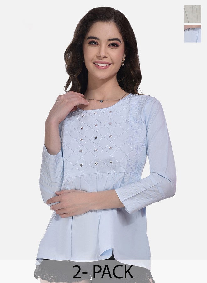 FIMS Pack of 2 Geometric Embroidered Gathered Detailed Cotton Peplum Tops - Image 1