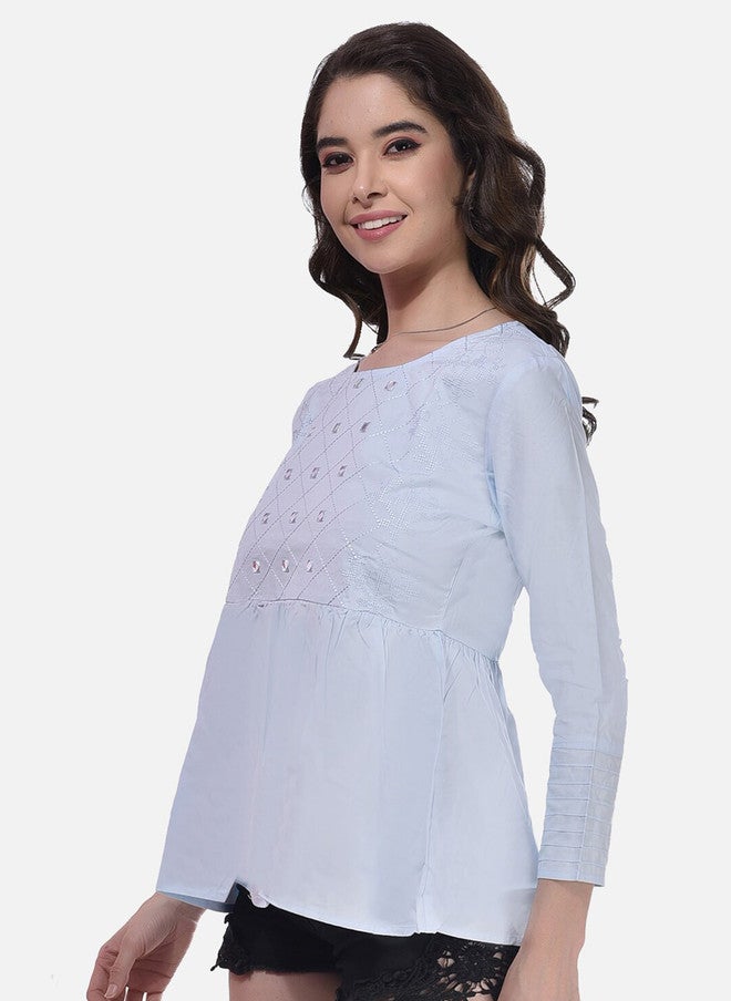 FIMS Pack of 2 Geometric Embroidered Gathered Detailed Cotton Peplum Tops - Image 3