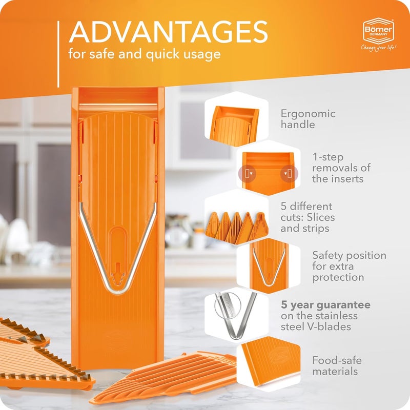 Börner by Reston Lloyd Mandoline Slicer V1 (Starter Set) • V-Slicer with 5 Thickness Settings & Food Holder • Adjustable Kitchen Slicer for Vegetables & Fruits • Color: Orange - Image 4