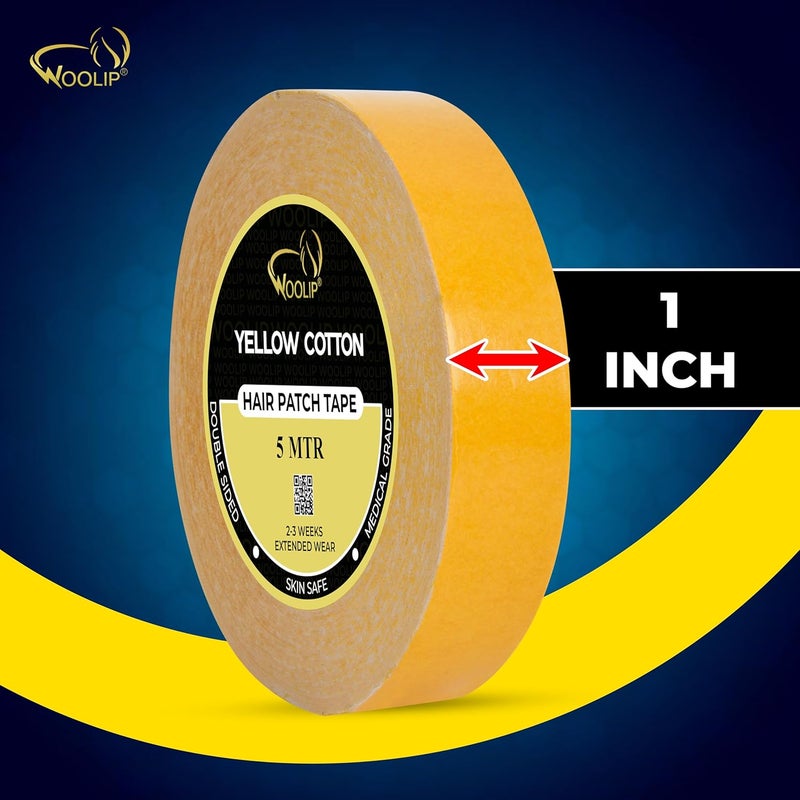 Woolip Blue Hair Patch Tape For Men - Super Ultra Hold Up To 2-3 Weeks | Waterproof No shine Tape For Hair Wigs | 1 Inch Cotton Material | Double sided YellowTape - 5M - Image 2