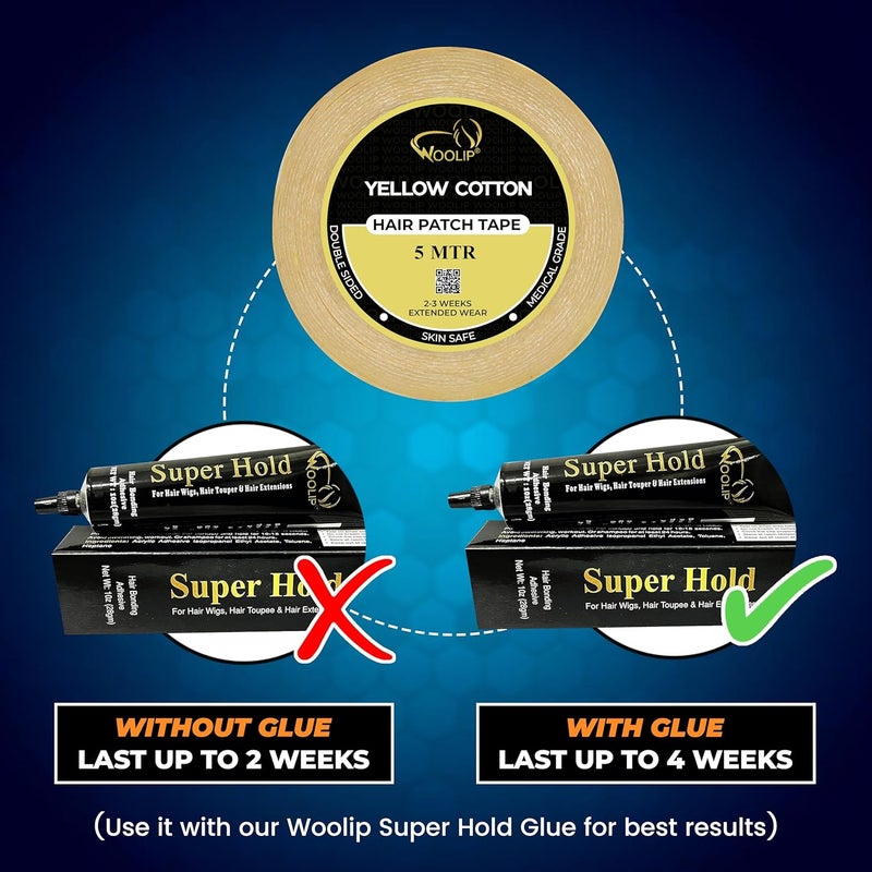 Woolip Blue Hair Patch Tape For Men - Super Ultra Hold Up To 2-3 Weeks | Waterproof No shine Tape For Hair Wigs | 1 Inch Cotton Material | Double sided YellowTape - 5M - Image 4