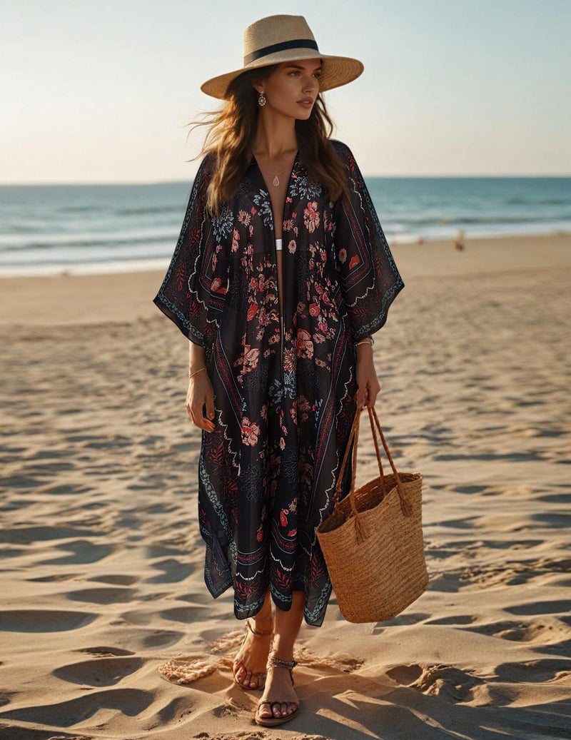 Maybuy Kimonos for Women Casual Swimsuit Coverup Lightweight Boho Kimono Cardigans for Summer Floral Beach Bathing Suit Black Floral Medium - Image 3