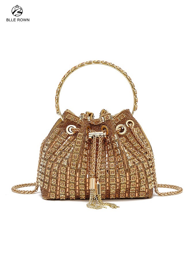 بليه روان حقيبة يد نسائية فاخرة ذهبية متلألئة حقيبة يد نسائية فاخرة فاخرة للسيدات حقيبة سهرة أنيقة من الألماس مع حقيبة أزياء من حجر الراين مع سلسلة من أحجار الراين اللامعة لحقائب السيدات للسهرات لحفلات الزفاف - Image 1