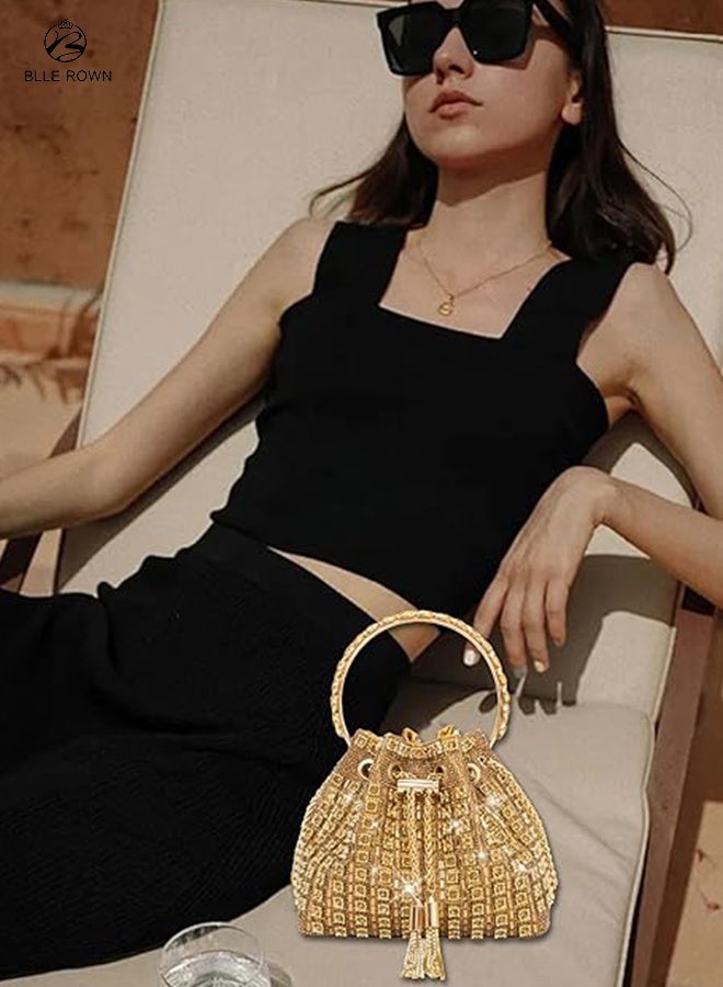بليه روان حقيبة يد نسائية فاخرة ذهبية متلألئة حقيبة يد نسائية فاخرة فاخرة للسيدات حقيبة سهرة أنيقة من الألماس مع حقيبة أزياء من حجر الراين مع سلسلة من أحجار الراين اللامعة لحقائب السيدات للسهرات لحفلات الزفاف - Image 2
