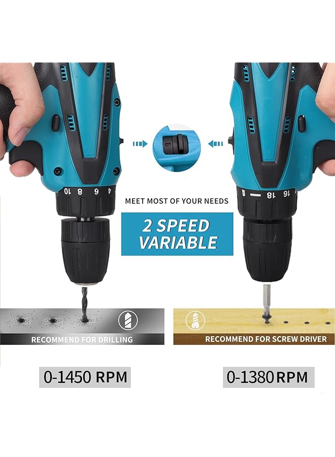 WEMART 12V Cordless Drill Set Electric Drill With Battery And Charger Home Power Drill 3 8 Inch Keyless Chuck 2 Variable Speed 18+1 Position Led Light And 24Pcs Accessories Blue - Image 4