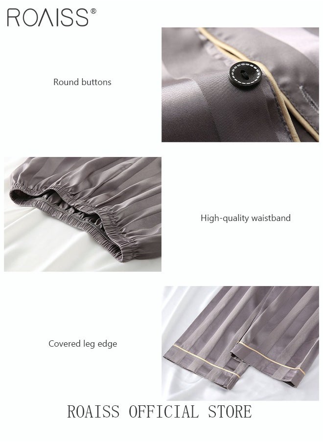 roaiss - 3-Piece Set Men's Short Sleeves Pajamas Pants Trousers Sleepwear Sets Satin Grid Printing Silk Nightgown Male Loose Shirts Spring Summer Loungewear Home Clothes - Image 1
