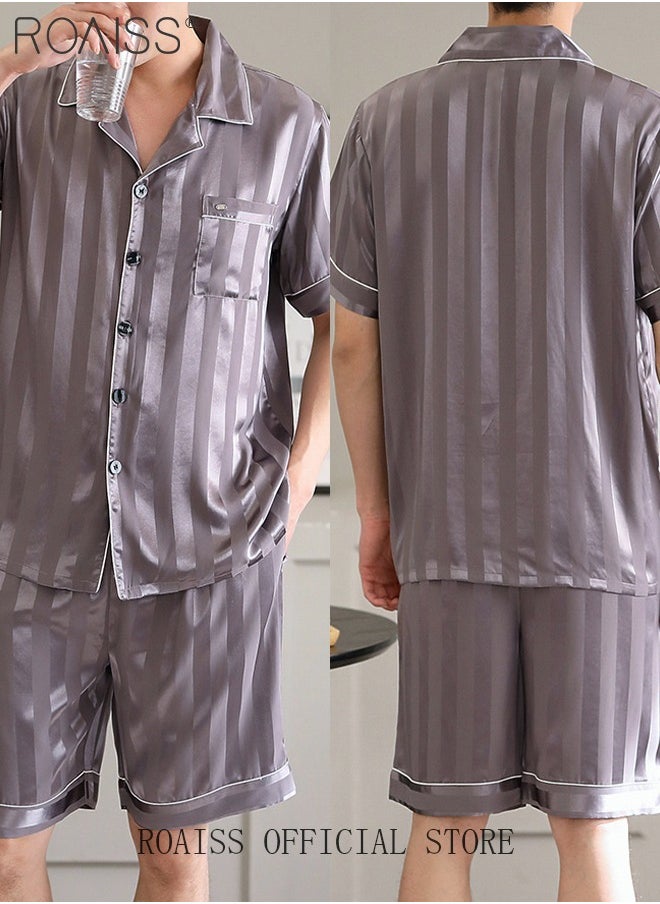 roaiss - 3-Piece Set Men's Short Sleeves Pajamas Pants Trousers Sleepwear Sets Satin Grid Printing Silk Nightgown Male Loose Shirts Spring Summer Loungewear Home Clothes - Image 1