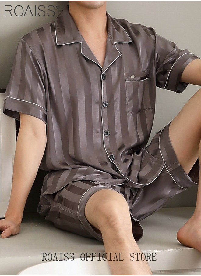 roaiss - 3-Piece Set Men's Short Sleeves Pajamas Pants Trousers Sleepwear Sets Satin Grid Printing Silk Nightgown Male Loose Shirts Spring Summer Loungewear Home Clothes - Image 1