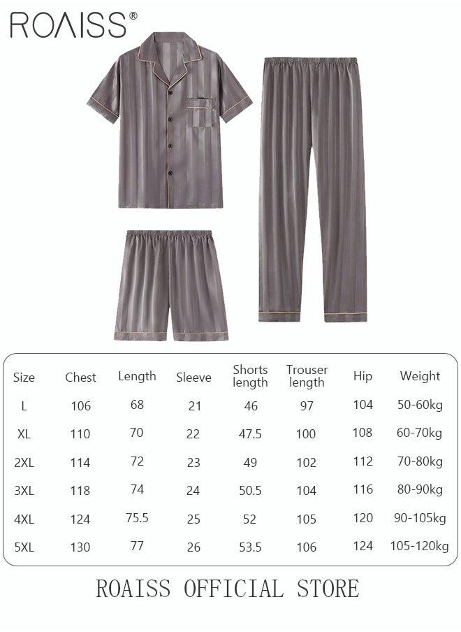 roaiss - 3-Piece Set Men's Short Sleeves Pajamas Pants Trousers Sleepwear Sets Satin Grid Printing Silk Nightgown Male Loose Shirts Spring Summer Loungewear Home Clothes - Image 1