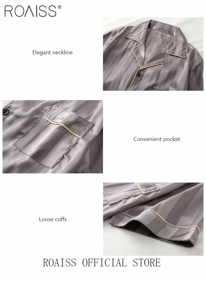 roaiss - 3-Piece Set Men's Short Sleeves Pajamas Pants Trousers Sleepwear Sets Satin Grid Printing Silk Nightgown Male Loose Shirts Spring Summer Loungewear Home Clothes - Image 1
