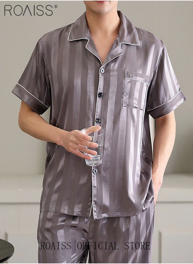 roaiss - 3-Piece Set Men's Short Sleeves Pajamas Pants Trousers Sleepwear Sets Satin Grid Printing Silk Nightgown Male Loose Shirts Spring Summer Loungewear Home Clothes - Image 1