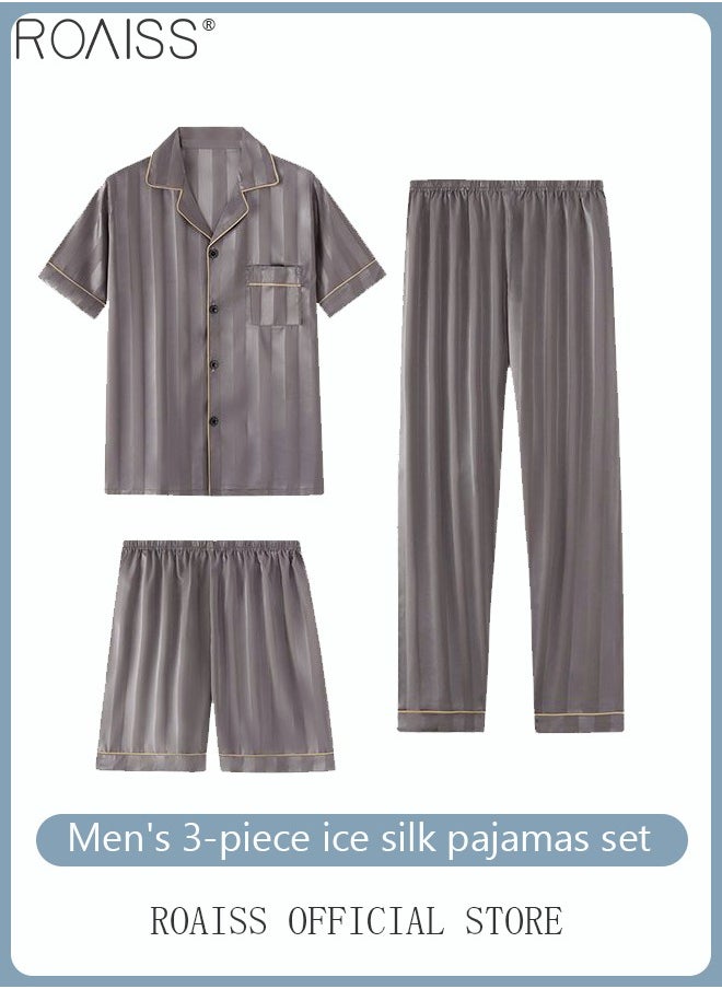 roaiss - 3-Piece Set Men's Short Sleeves Pajamas Pants Trousers Sleepwear Sets Satin Grid Printing Silk Nightgown Male Loose Shirts Spring Summer Loungewear Home Clothes - Image 1