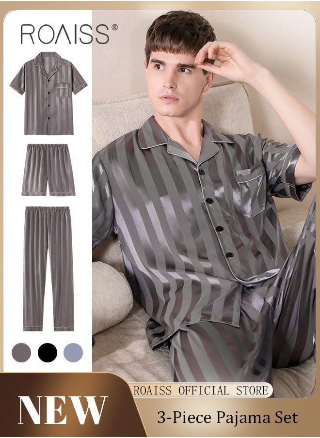 roaiss - 3-Piece Set Men's Short Sleeves Pajamas Pants Trousers Sleepwear Sets Satin Grid Printing Silk Nightgown Male Loose Shirts Spring Summer Loungewear Home Clothes - Image 1