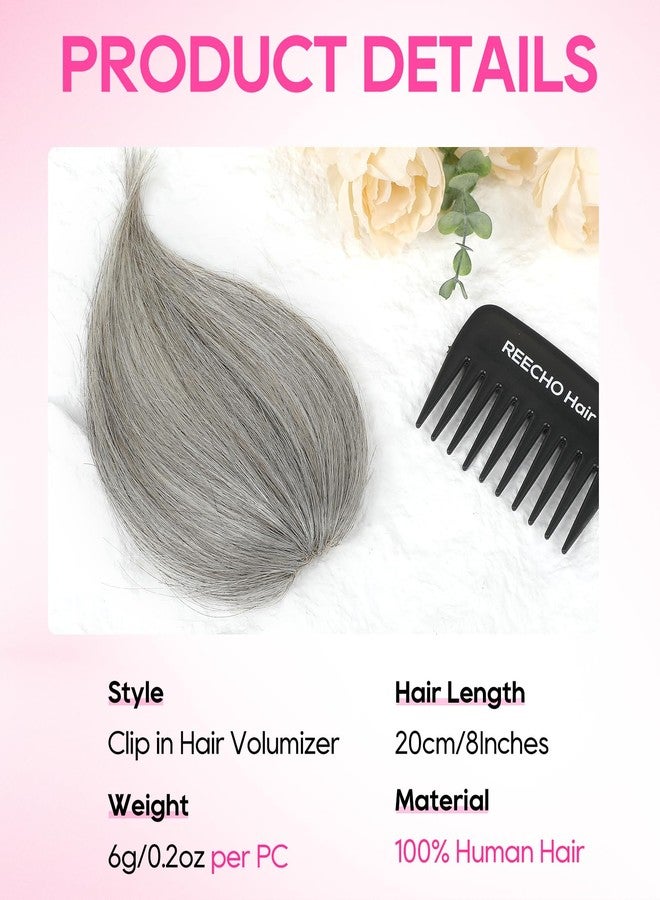 REECHO Human Hair Clip-in Hair Volumizer - 1PC 8 Inch Short Thick Hairpieces for Extra Volume, Easy Clip-in Extensions for Thin & Fine Hair - Silver Grey - Image 4