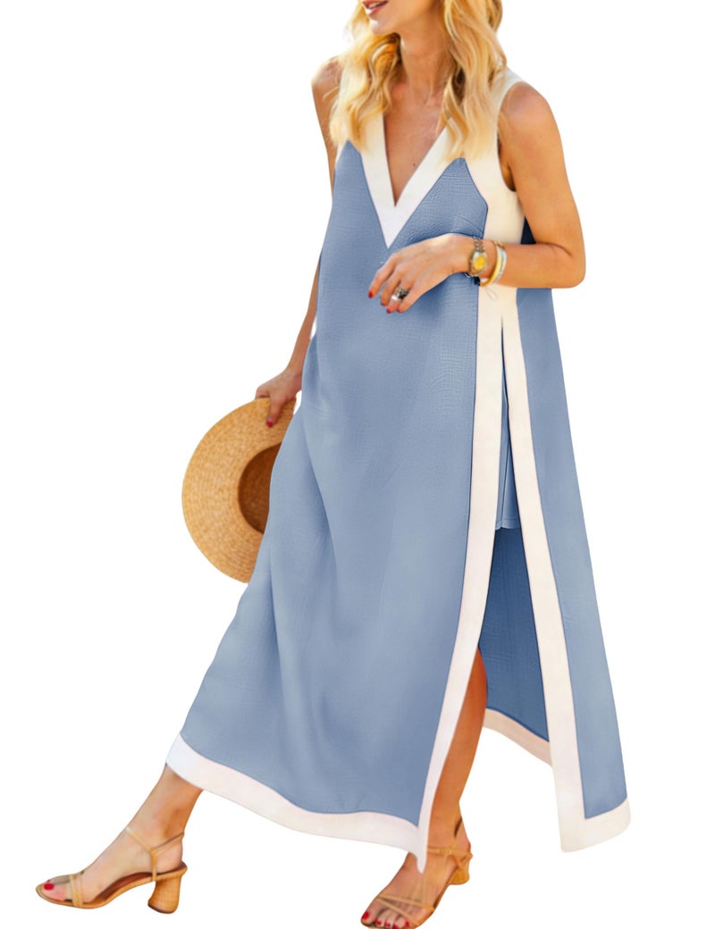 Hooever Women's 2 Piece Dress Sets Color Block Sleeveless V Neck Maxi Dress Matching Shorts with Pockets (Blue-M) - Image 1