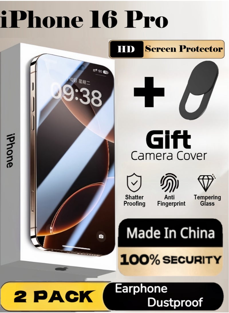 Generic iPhone 16 Pro Screen Protector 6.3 Inch HD Clear With a Webcam Cover Phone Receiver Dustproff Protection Scratch Resistant, Anti-Fingerprint, Bubble Free, 9H Tempered Glass Film For iPhone 16 Pro-2Pack Clear  - Image 1
