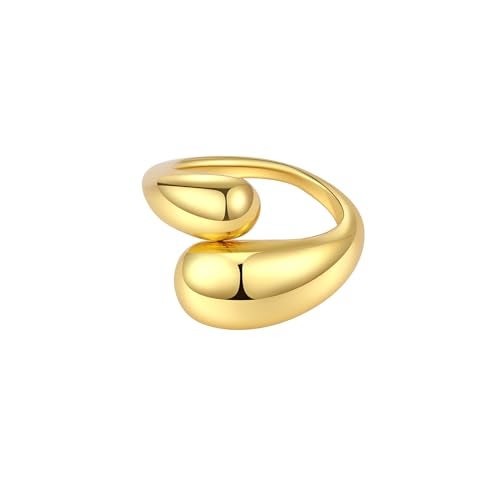 KURTCB Chunky Open Ring 14k Gold Plated Minimalist Adjustable Dome Teardrop Wide Bold Statement Ring for Women (Gold) - Image 1