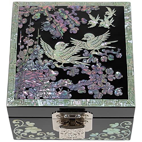 February Mountain Mother of Pearl MINI Wooden Jewelry Box with Mirror Lid (Plum Blossom) - Image 1