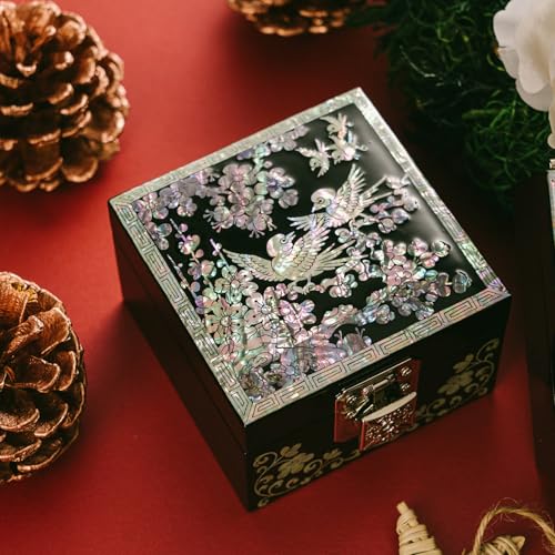 February Mountain Mother of Pearl MINI Wooden Jewelry Box with Mirror Lid (Plum Blossom) - Image 3
