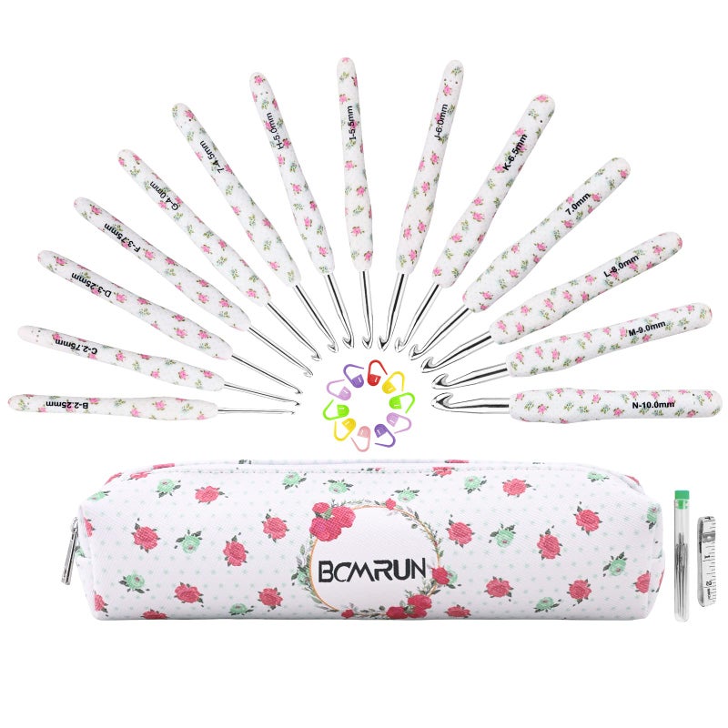 BCMRUN Crochet Gifts, 14pcs Flower Pattern 2.25mm-10mm Soft Grip Metal Crochet Hooks for Crocheting & Knitting, Weave Yarn Craft Kits (White) - Image 1