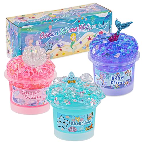 Okaybee 3 x 100mL Ocean Slime Kit for Girls Boys Mermaid Bead Pink Crunchy Blue Clear Slime Sensory Experience DIY Slimes Set Slimes Party Favors for Kids Birthday Easter Halloween Teens Gift - Image 1