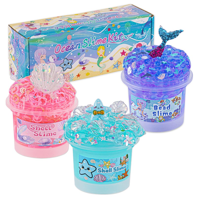 Okaybee 3 x 100mL Ocean Slime Kit for Girls Boys Mermaid Bead Pink Crunchy Blue Clear Slime Sensory Experience DIY Slimes Set Slimes Party Favors for Kids Birthday Easter Halloween Teens Gift - Image 3