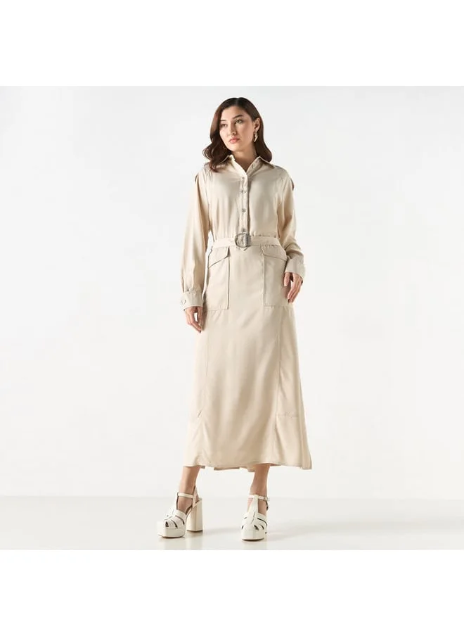 Lee Cooper Lee Cooper Solid Shirt Dress with Long Sleeves and Belt