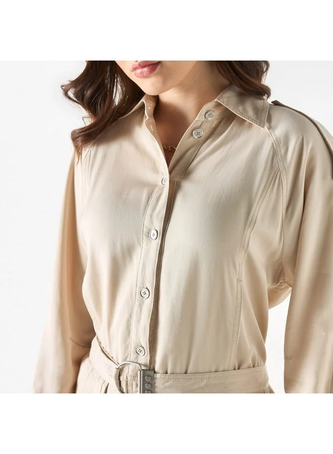 Lee Cooper Lee Cooper Solid Shirt Dress with Long Sleeves and Belt
