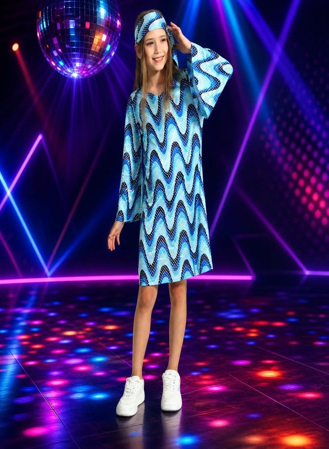 Leadtex 70s Disco Diva Costume for Girls Bell Sleeve Sequins Dress with Headband, Kids Disco Costume for Party 8-10 Years - Image 3