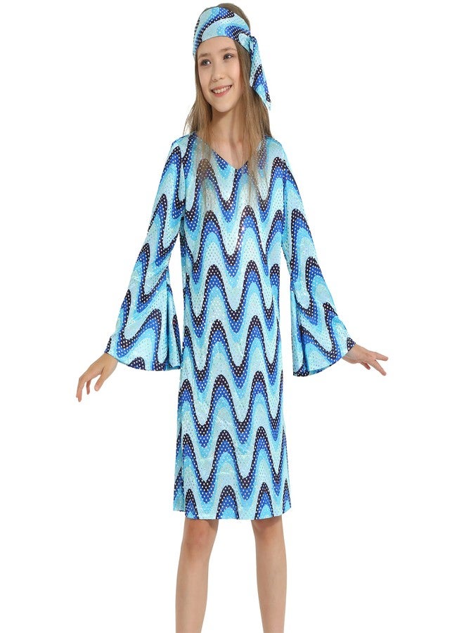 Leadtex 70s Disco Diva Costume for Girls Bell Sleeve Sequins Dress with Headband, Kids Disco Costume for Party 8-10 Years - Image 1