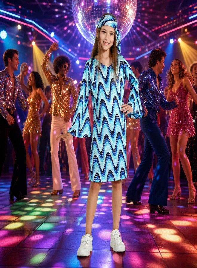 Leadtex 70s Disco Diva Costume for Girls Bell Sleeve Sequins Dress with Headband, Kids Disco Costume for Party 8-10 Years - Image 4