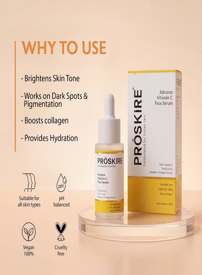 Proskire Advance 10% Vitamin C Face Serum with Ferulic & Mandarin Extract| Brightening, Dark Spot & Anti-Pigmentation Serum for All Skin Types - 10ml - Image 4
