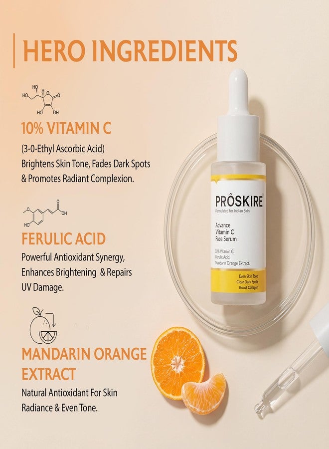 Proskire Advance 10% Vitamin C Face Serum with Ferulic & Mandarin Extract| Brightening, Dark Spot & Anti-Pigmentation Serum for All Skin Types - 10ml - Image 2