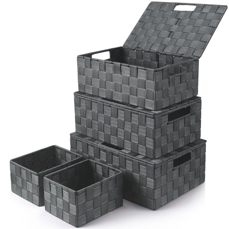 Uvellgift Storage Bins with Lids, Woven Storage Box Organizer Containers Decorative Baskets Cube for Clothes Bedroom Closet Office (5 Pack, Grey) - Image 1