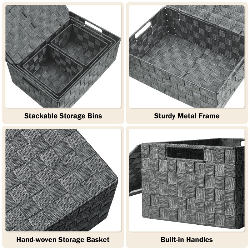 Uvellgift Storage Bins with Lids, Woven Storage Box Organizer Containers Decorative Baskets Cube for Clothes Bedroom Closet Office (5 Pack, Grey) - Image 4