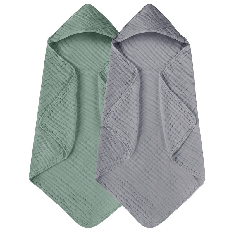 Yoofoss Hooded Baby Towels for Newborn 2 Pack 100% Muslin Organic Cotton Baby Bath Towel with Hood for Babies, Infant, Toddler and Kids, 32x32Inch, Soft and Absorbent Newborn Essential,Grey&Dark Green - Image 1