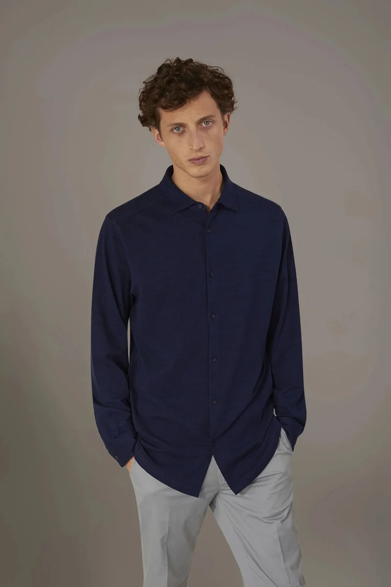 Long sleeves polo shirt 100% cotton - Blue