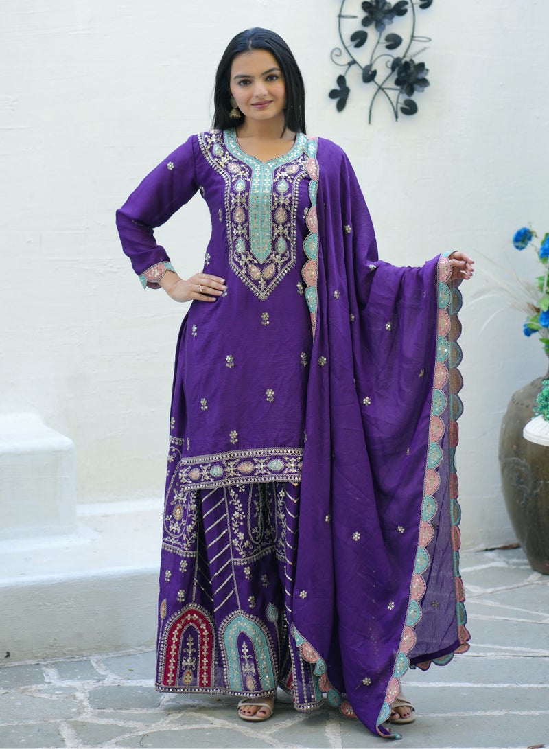 Sharara Suit Set for Women with Coding Sequence Embroidery Work & Dupatta – Fully Stitched - Image 1