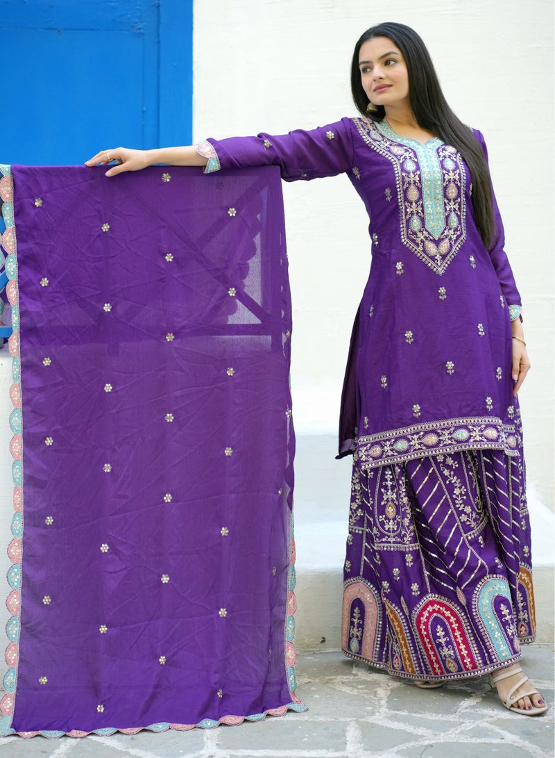 Sharara Suit Set for Women with Coding Sequence Embroidery Work & Dupatta – Fully Stitched - Image 3