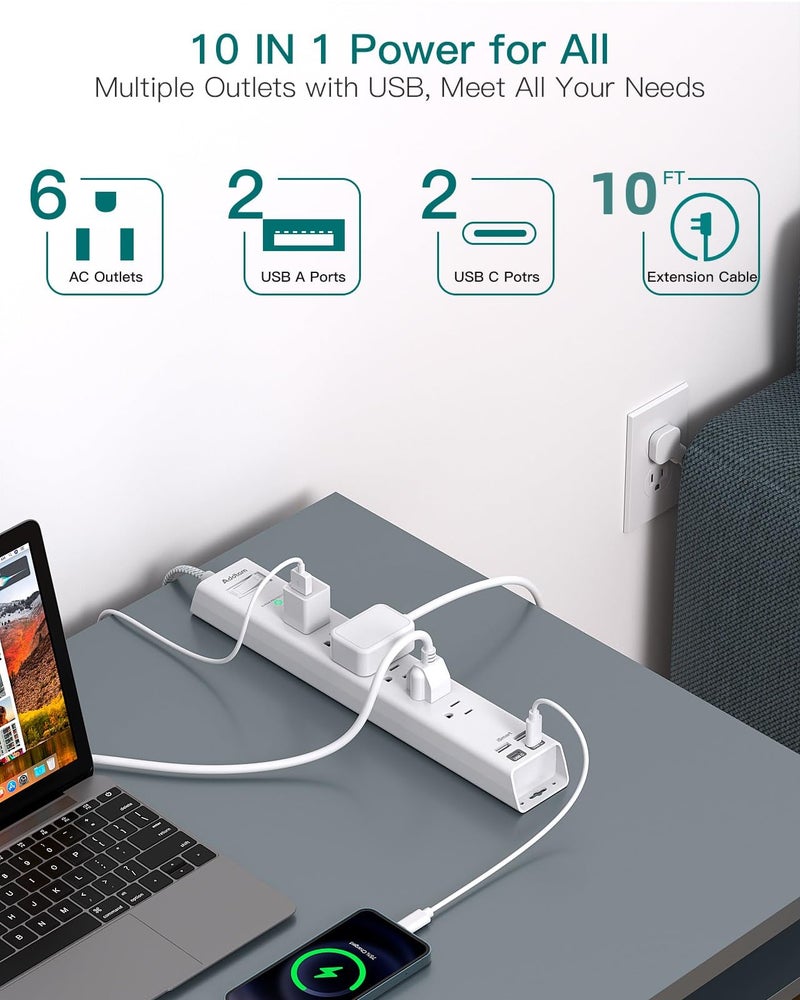 Addtam Extension Cord 10 ft - Long Power Strip Surge Protector, 6 AC Outlet 4 USB (2 USB C), Flat Plug, Wall Mount, Multi Plug Outlet Extender Desk Charging Station for Home Office Dorm Room Essentials - Image 3