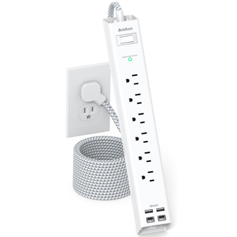 Addtam Extension Cord 10 ft - Long Power Strip Surge Protector, 6 AC Outlet 4 USB (2 USB C), Flat Plug, Wall Mount, Multi Plug Outlet Extender Desk Charging Station for Home Office Dorm Room Essentials - Image 1
