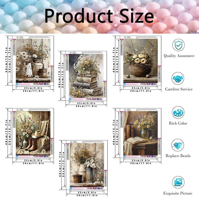 VIGEGU 6 Pack Diamond Art Kits for Adults,5D Vintage Flower Diamond Painting Kit for Adults Beginners,DIY Diamond Dots Gem Painting for Adults Wall Art Decor 11.8x15.7inch - Image 3