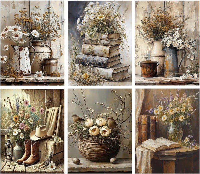 VIGEGU 6 Pack Diamond Art Kits for Adults,5D Vintage Flower Diamond Painting Kit for Adults Beginners,DIY Diamond Dots Gem Painting for Adults Wall Art Decor 11.8x15.7inch - Image 1