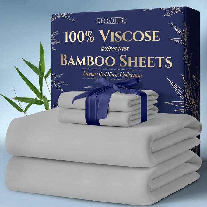 100 VISCOSE DERIVED FROM BAMBOO SHEETS FULL SIZE 4PCS ULTRA SOFT LUXURIOUSLY COOLING 17 DEEP POCKET DOUBLE STITCHING PERFECT FOR HOT SLEEPERS FULL BED SHEETS LIGHT GREY