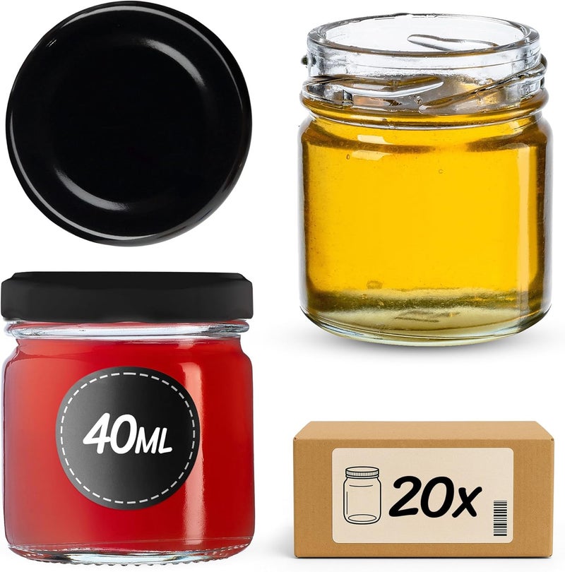 KADAX Pack of 20 Mini Jars 40 ml with Screw Lid TO43, Preserving Jars, Spice Jars with Lids, Jam Jars, Small Honey Jars (20 Pieces, Black Lids) - Image 1